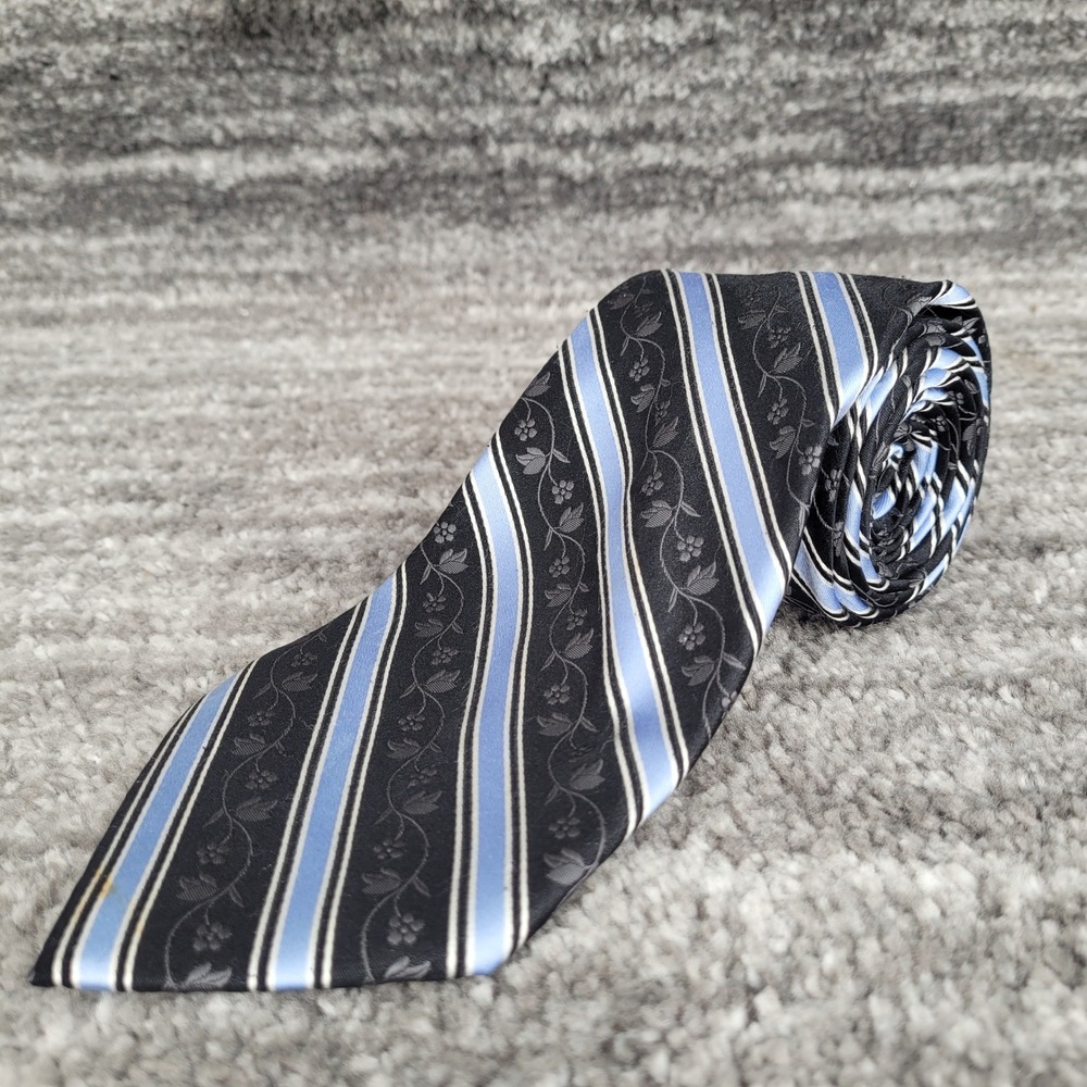 Bugatti Mens Silk Necktie Black Blue Floral Striped Formal Business Tie
